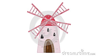 Old windmill illustration isolated white background and cute pink wings and stone door Vector Illustration